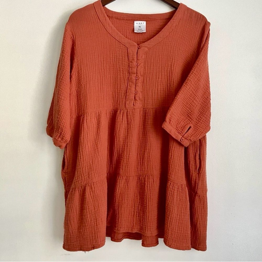 Serra Tiered Tunic XL Orange Pockets 3/4 Sleeve Casual Tropical Vacation